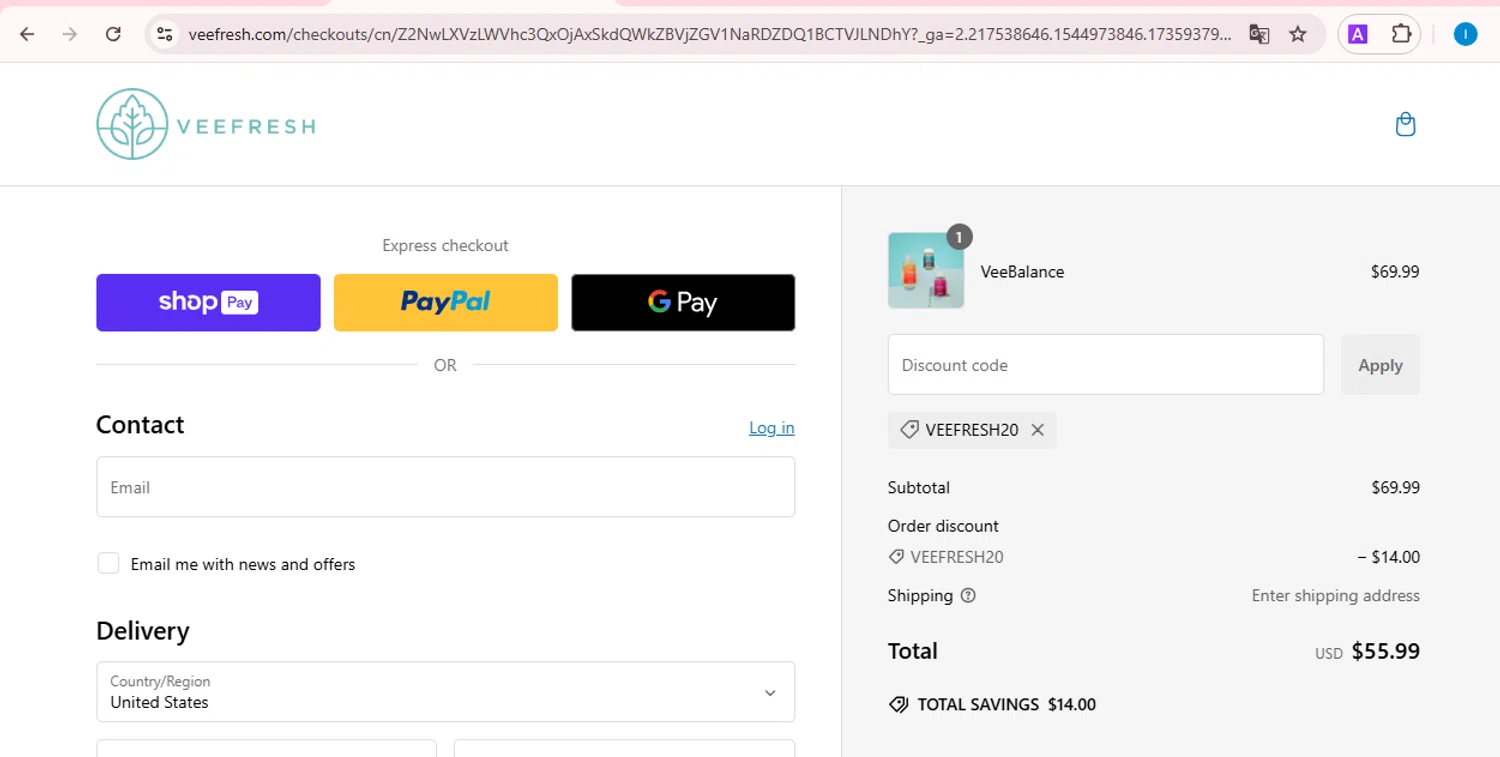 VeeFresh discount code screenshot showing code VEEFRESH20 applied at VeeFresh checkout page. Uploaded by SimplyCodes community member TreasureScout5082 on Jan 3, 2025