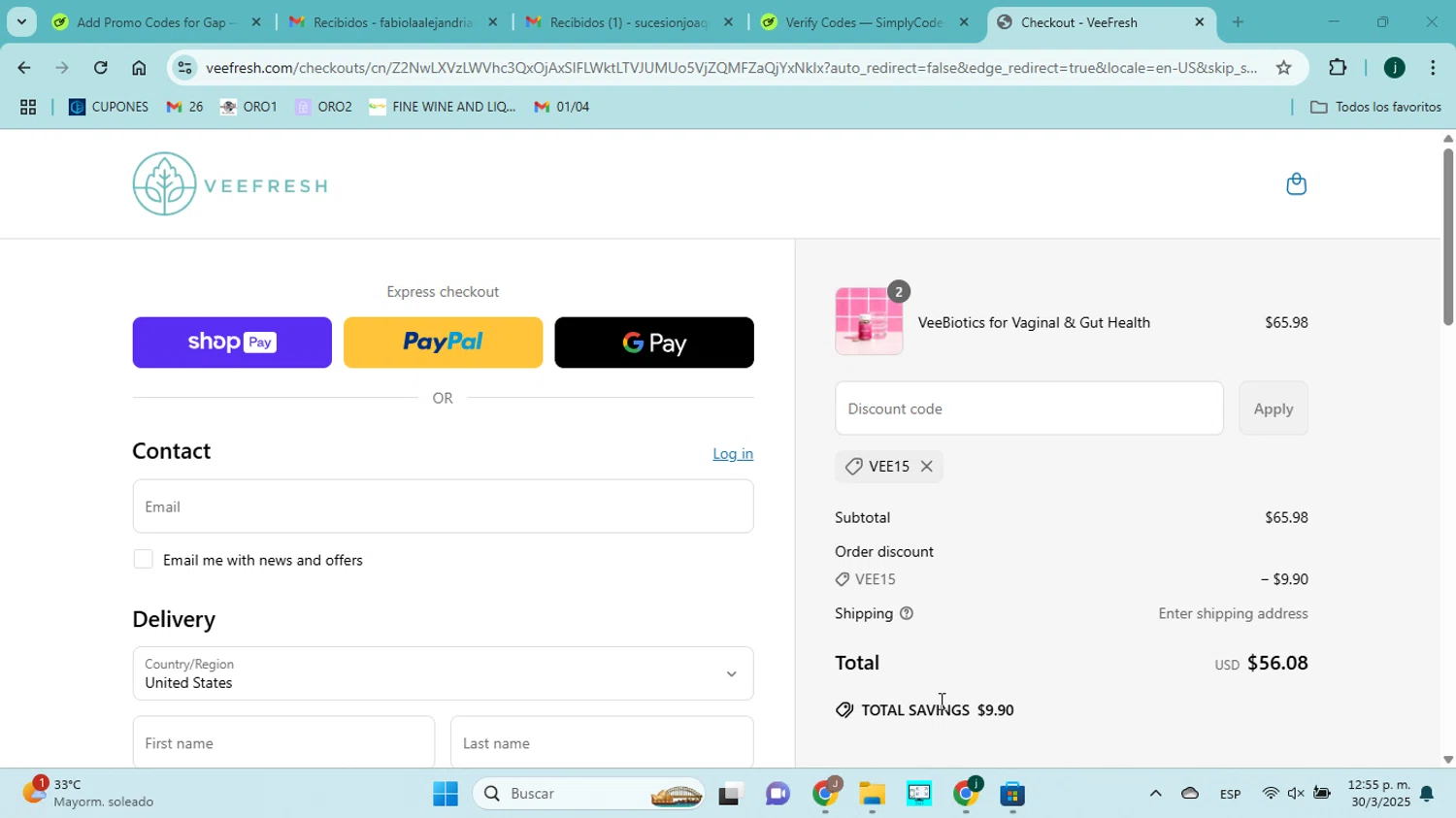VeeFresh discount code screenshot showing code vee15 applied at VeeFresh checkout page. Uploaded by SimplyCodes community member ABHF23 on Mar 30, 2025