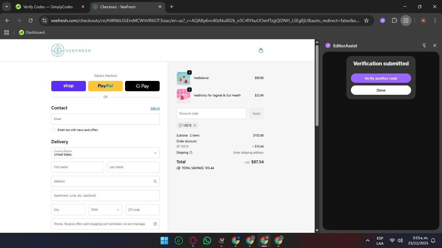 VeeFresh discount code screenshot showing code vee15 applied at VeeFresh checkout page. Uploaded by SimplyCodes community member Sungjinwoo on Dec 23, 2025