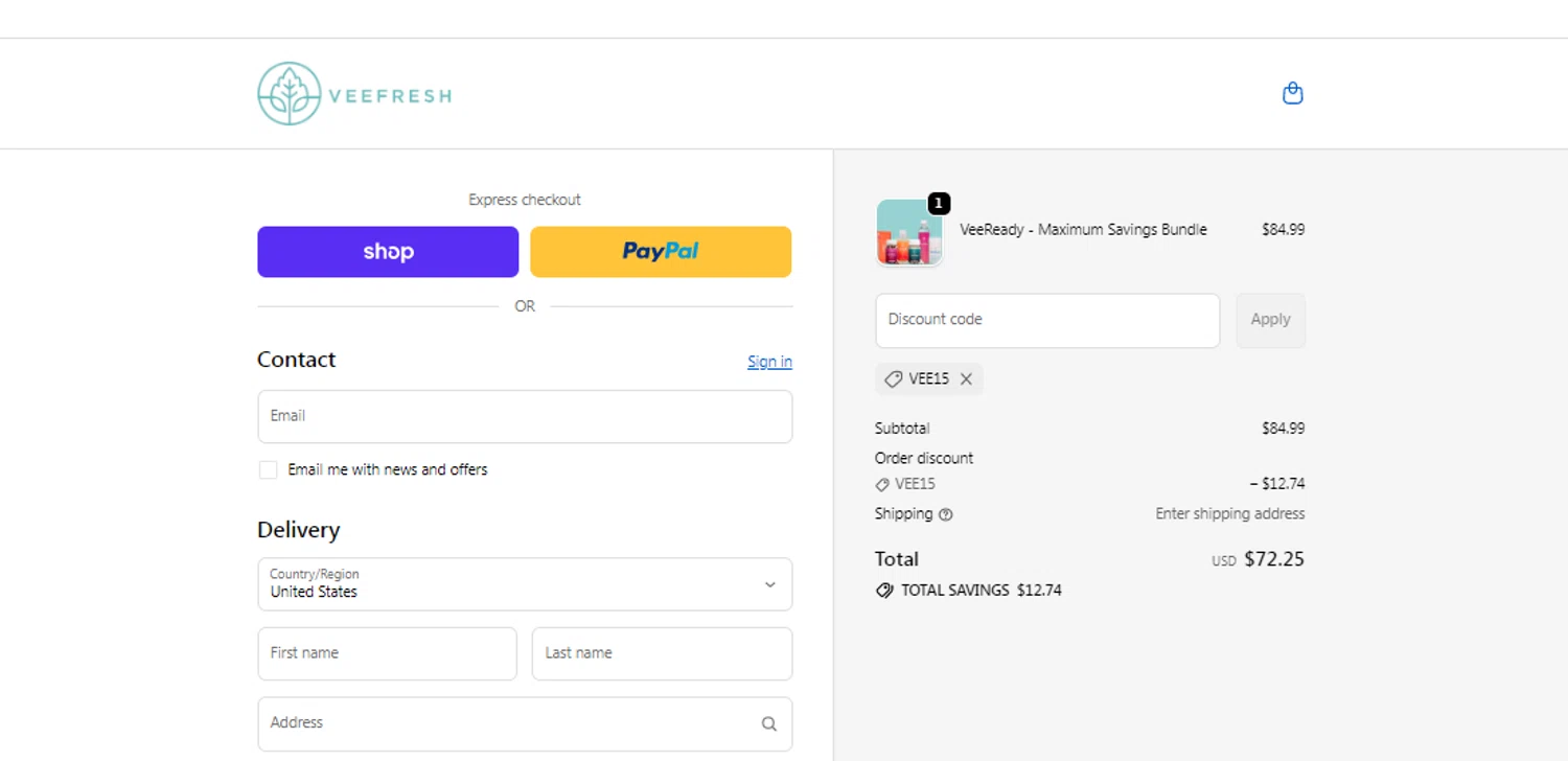 VeeFresh discount code screenshot showing code vee15 applied at VeeFresh checkout page. Uploaded by SimplyCodes community member obito1234 on Oct 10, 2025