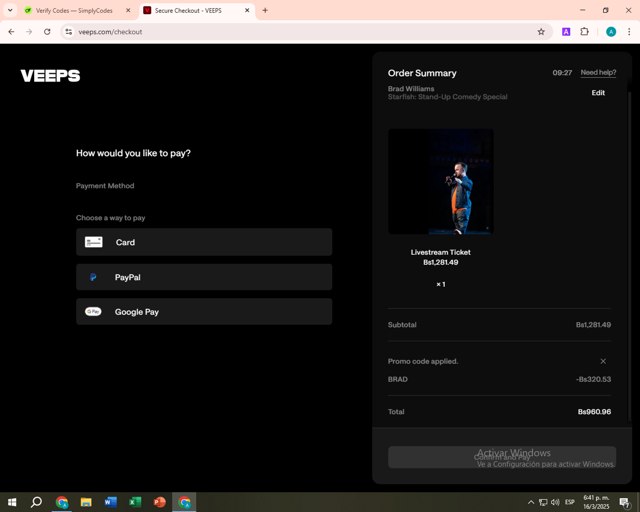 Veeps checkout page showing Veeps promo code box | Screenshot taken by SimplyCodes community member on Mar 16, 2025