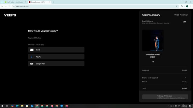 Veeps checkout page showing Veeps promo code box | Screenshot taken by SimplyCodes community member on Jan 21, 2025