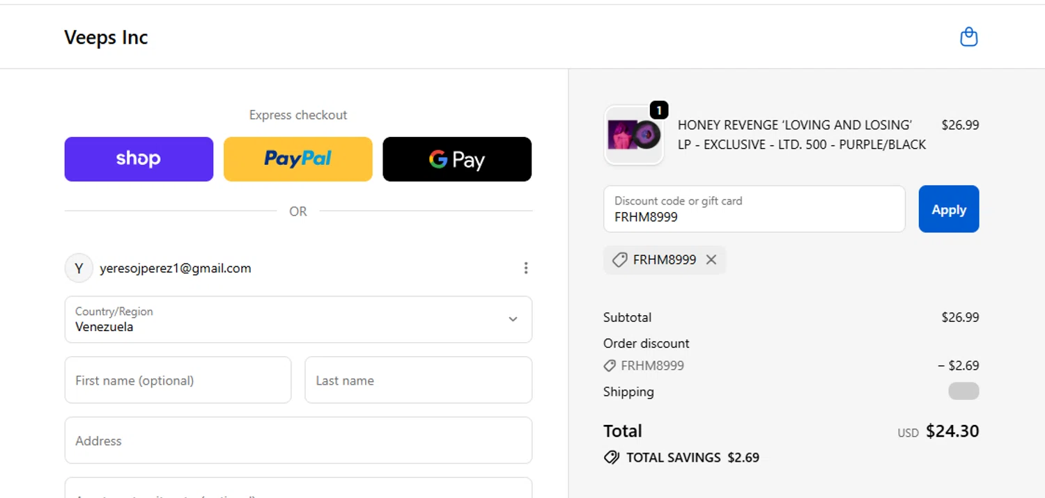 Veeps promo code screenshot showing code FRHM8999 applied at Veeps checkout page. Uploaded by SimplyCodes community member Loki_Odinson on Jun 5, 2026