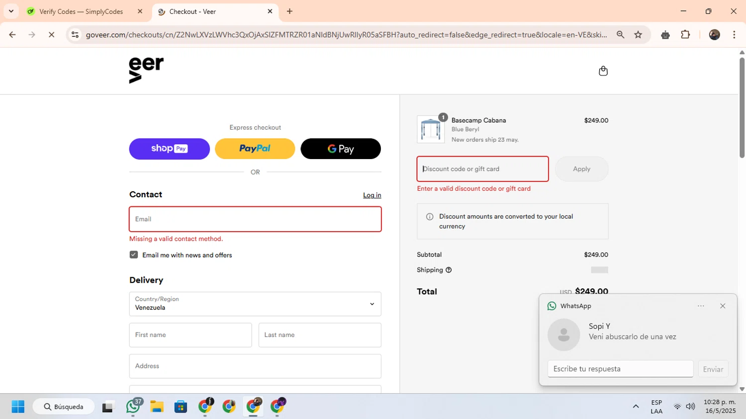 Veer Gear coupon code screenshot showing code BLACKFRIDAY applied at Veer Gear checkout page. Uploaded by SimplyCodes community member CoinScout855 on May 17, 2025