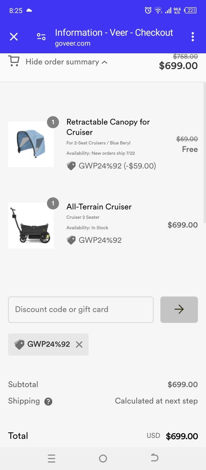 Veer Gear checkout page showing Veer Gear coupon code box | Screenshot taken by SimplyCodes community member on May 26, 2024