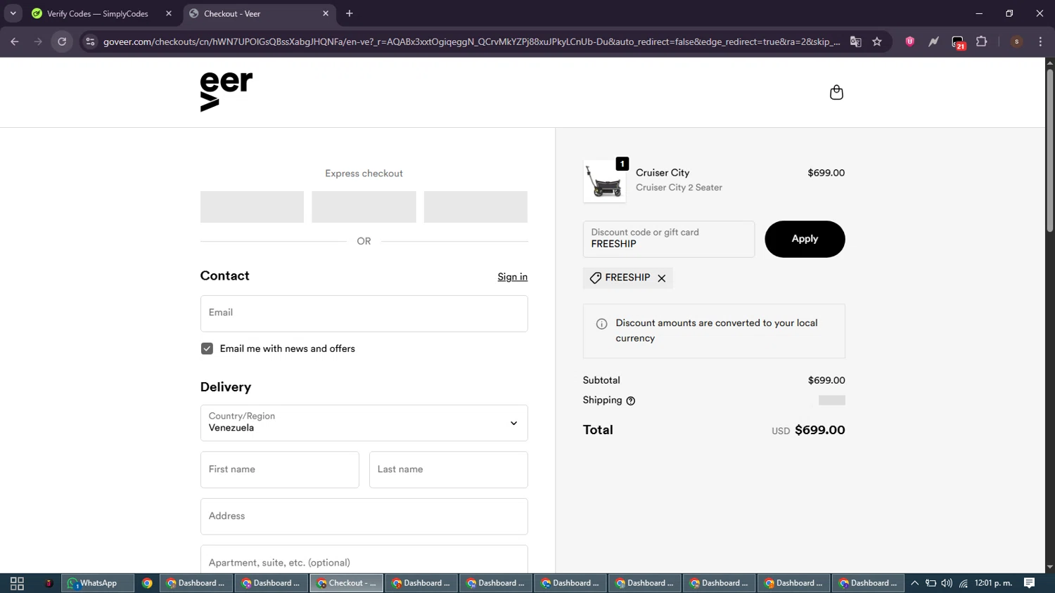 Veer Gear checkout page showing Veer Gear coupon code box | Screenshot taken by SimplyCodes community member on Jan 11, 2026