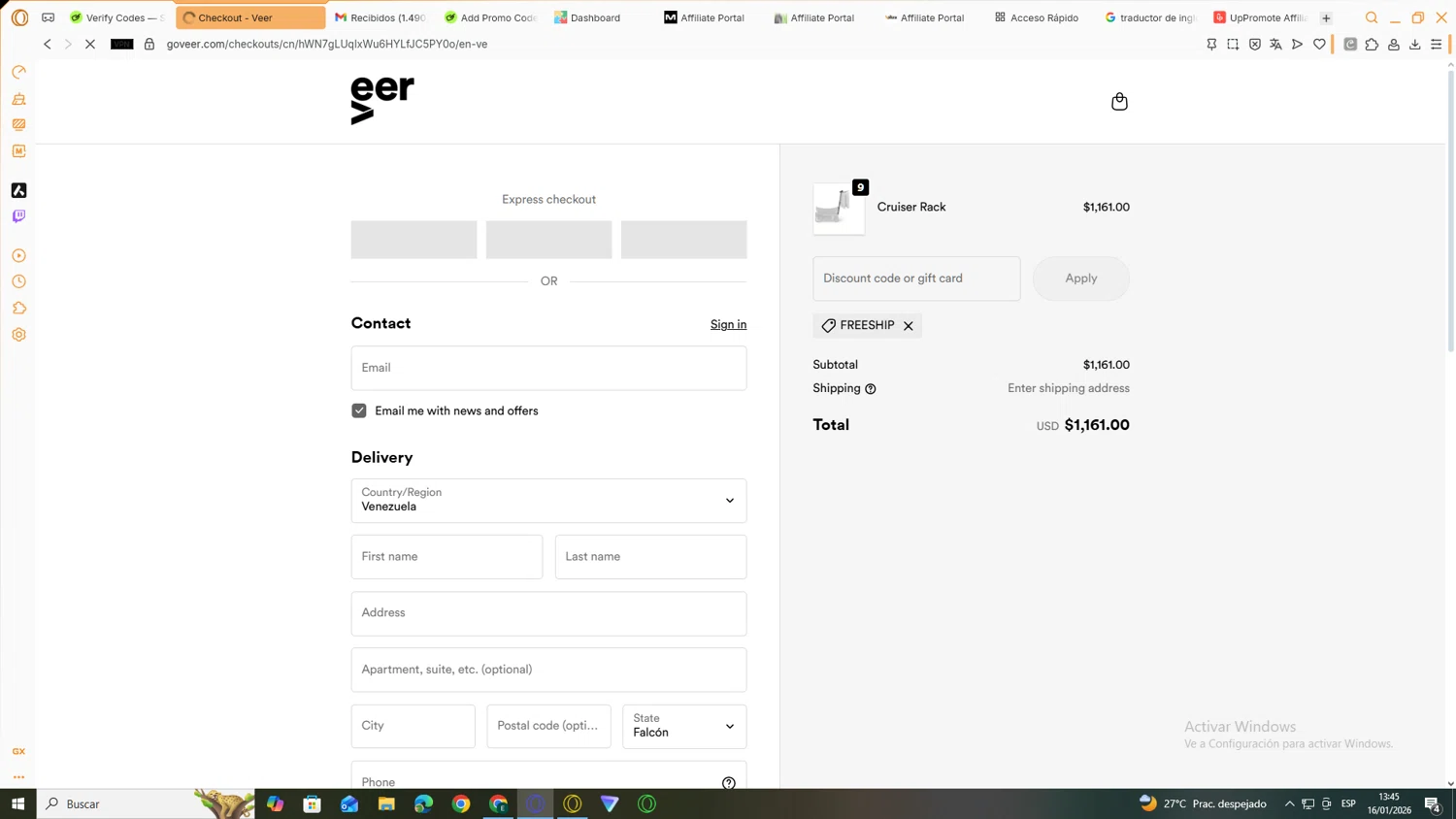 Veer Gear checkout page showing Veer Gear coupon code box | Screenshot taken by SimplyCodes community member on Jan 16, 2026