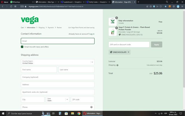Vega checkout page showing Vega coupon code box | Screenshot taken by SimplyCodes community member on Jan 20, 2023