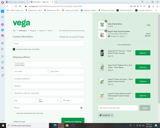 Vega checkout page showing Vega coupon code box | Screenshot taken by SimplyCodes community member on Jan 18, 2023