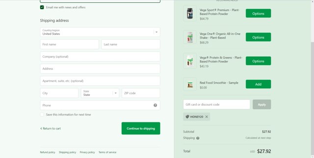 Vega checkout page showing Vega coupon code box | Screenshot taken by SimplyCodes community member on Dec 20, 2022