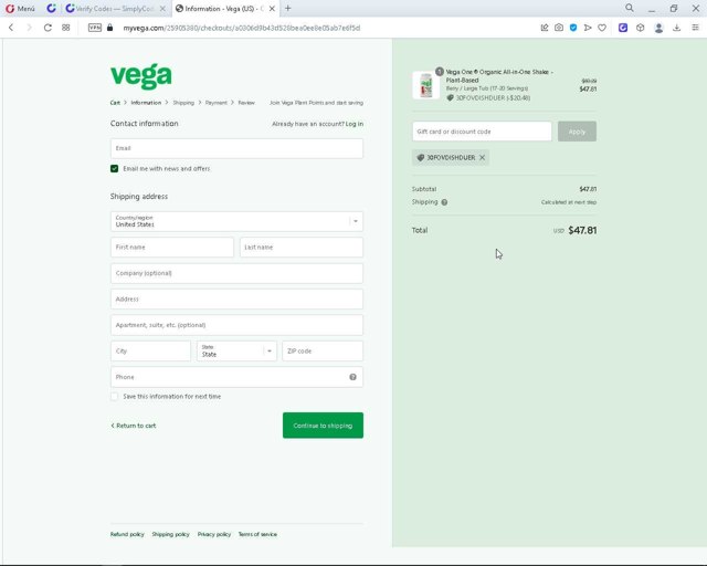 Vega checkout page showing Vega coupon code box | Screenshot taken by SimplyCodes community member on Jan 19, 2023
