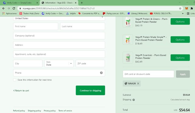 Vega checkout page showing Vega coupon code box | Screenshot taken by SimplyCodes community member on Feb 5, 2023