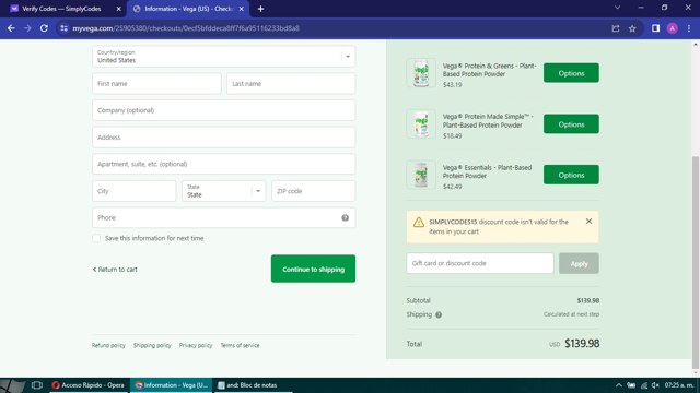 Vega checkout page showing Vega coupon code box | Screenshot taken by SimplyCodes community member on Jun 16, 2023