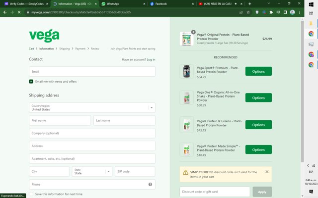 Vega checkout page showing Vega coupon code box | Screenshot taken by SimplyCodes community member on Oct 10, 2023