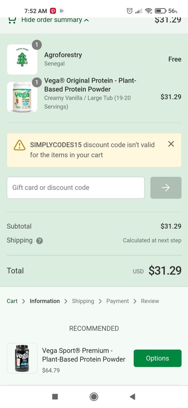 Vega checkout page showing Vega coupon code box | Screenshot taken by SimplyCodes community member on May 18, 2023