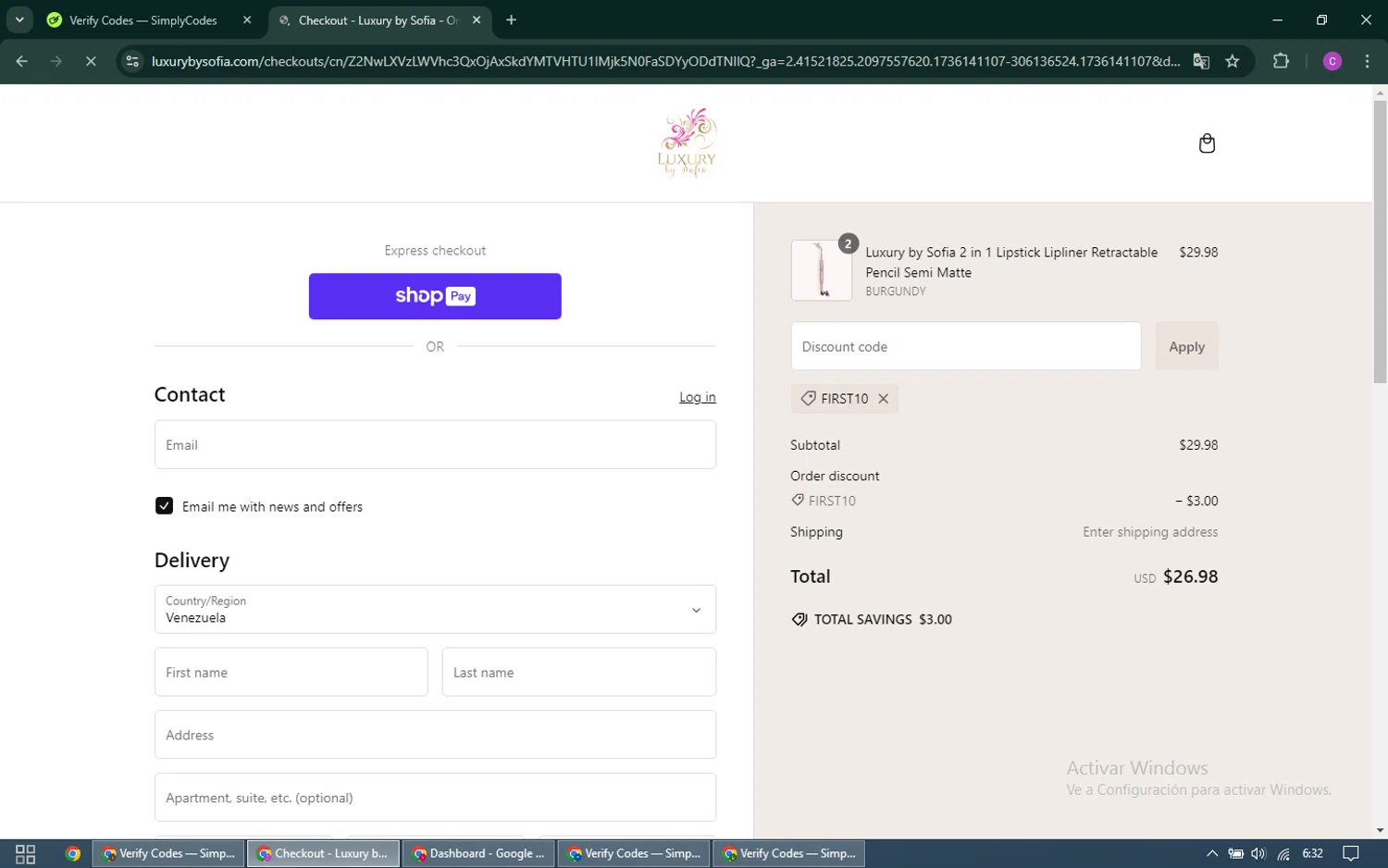 Vega Bond promo code screenshot showing code VEGA20 applied at Vega Bond checkout page. Uploaded by SimplyCodes community member SalePioneer1486 on Jan 6, 2025