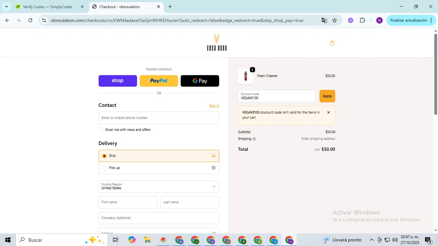 Vega Bond promo code screenshot showing code VEGAVE100 applied at Vega Bond checkout page. Uploaded by SimplyCodes community member QuestOwl9632 on Oct 27, 2025