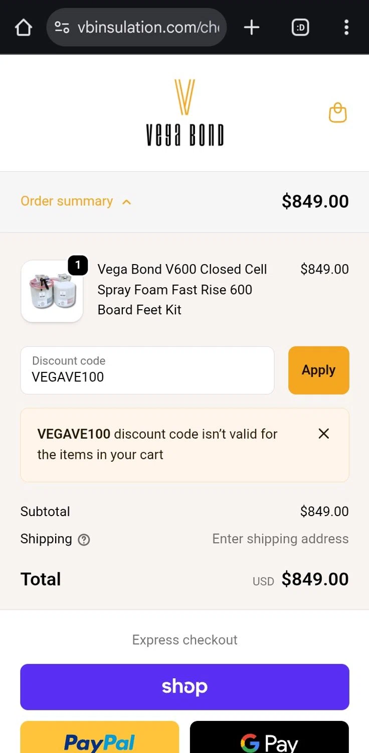 Vega Bond promo code screenshot showing code VEGAVE100 applied at Vega Bond checkout page. Uploaded by SimplyCodes community member ValiantCurator3344 on Nov 29, 2025