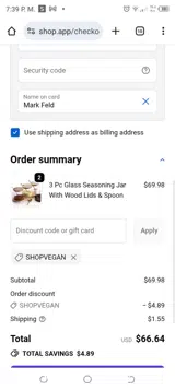 SHOPVEGAN coupon verification screenshot