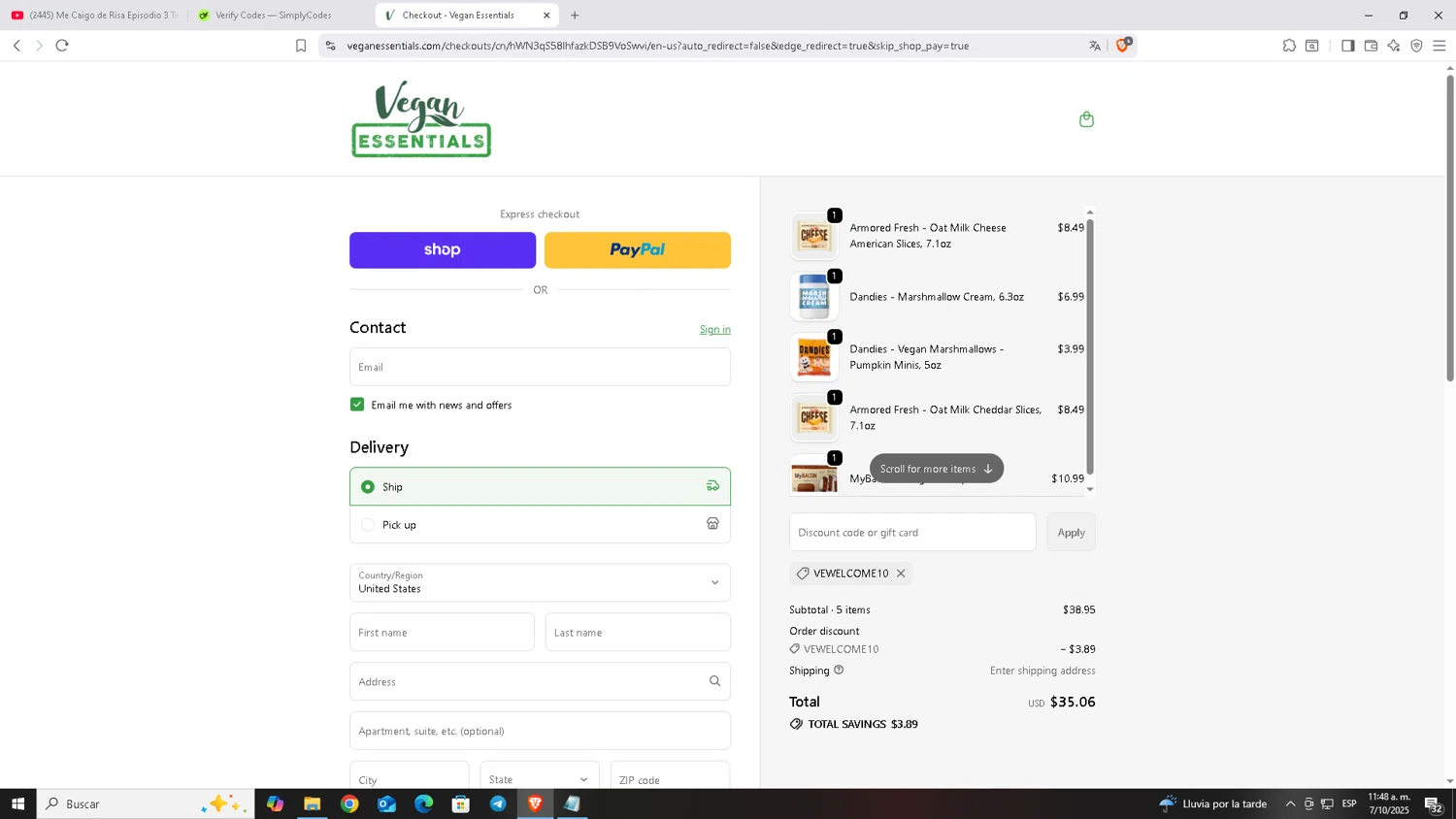 Vegan Essentials promo code screenshot showing code vewelcome10 applied at Vegan Essentials checkout page. Uploaded by SimplyCodes community member Carloscoder_900457733 on Oct 7, 2025