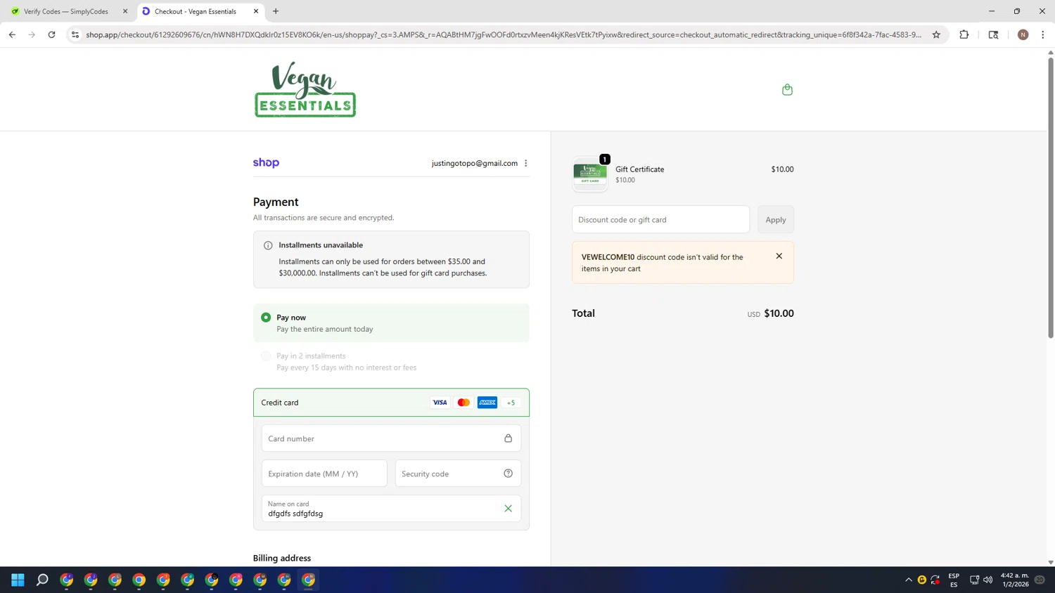 Vegan Essentials checkout page showing Vegan Essentials promo code box | Screenshot taken by SimplyCodes community member on Feb 1, 2026