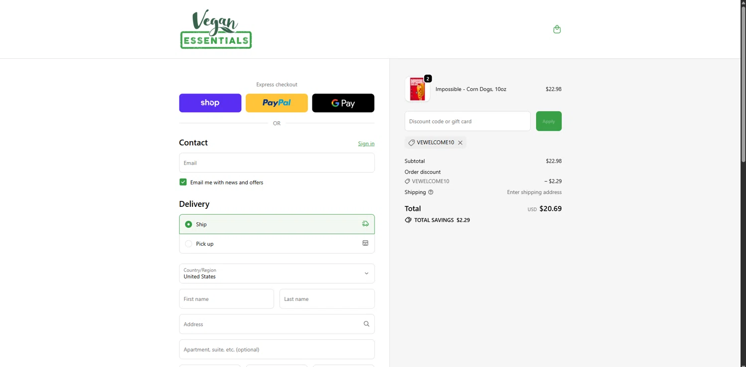 Vegan Essentials promo code screenshot showing code vewelcome10 applied at Vegan Essentials checkout page. Uploaded by SimplyCodes community member FortunateDefender7285 on Dec 24, 2025