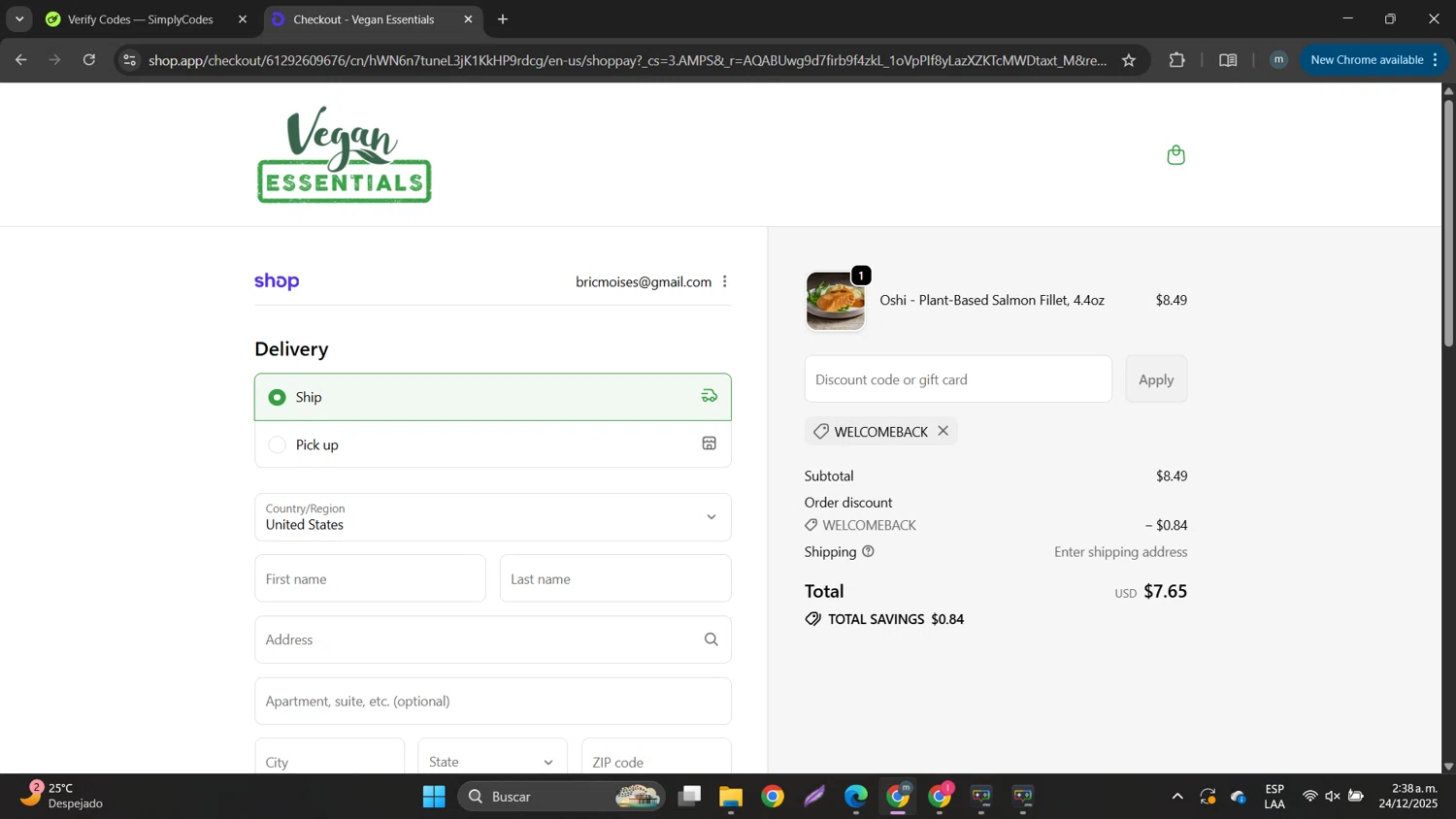 Vegan Essentials promo code screenshot showing code welcomeback applied at Vegan Essentials checkout page. Uploaded by SimplyCodes community member DTBERA2024 on Dec 24, 2025
