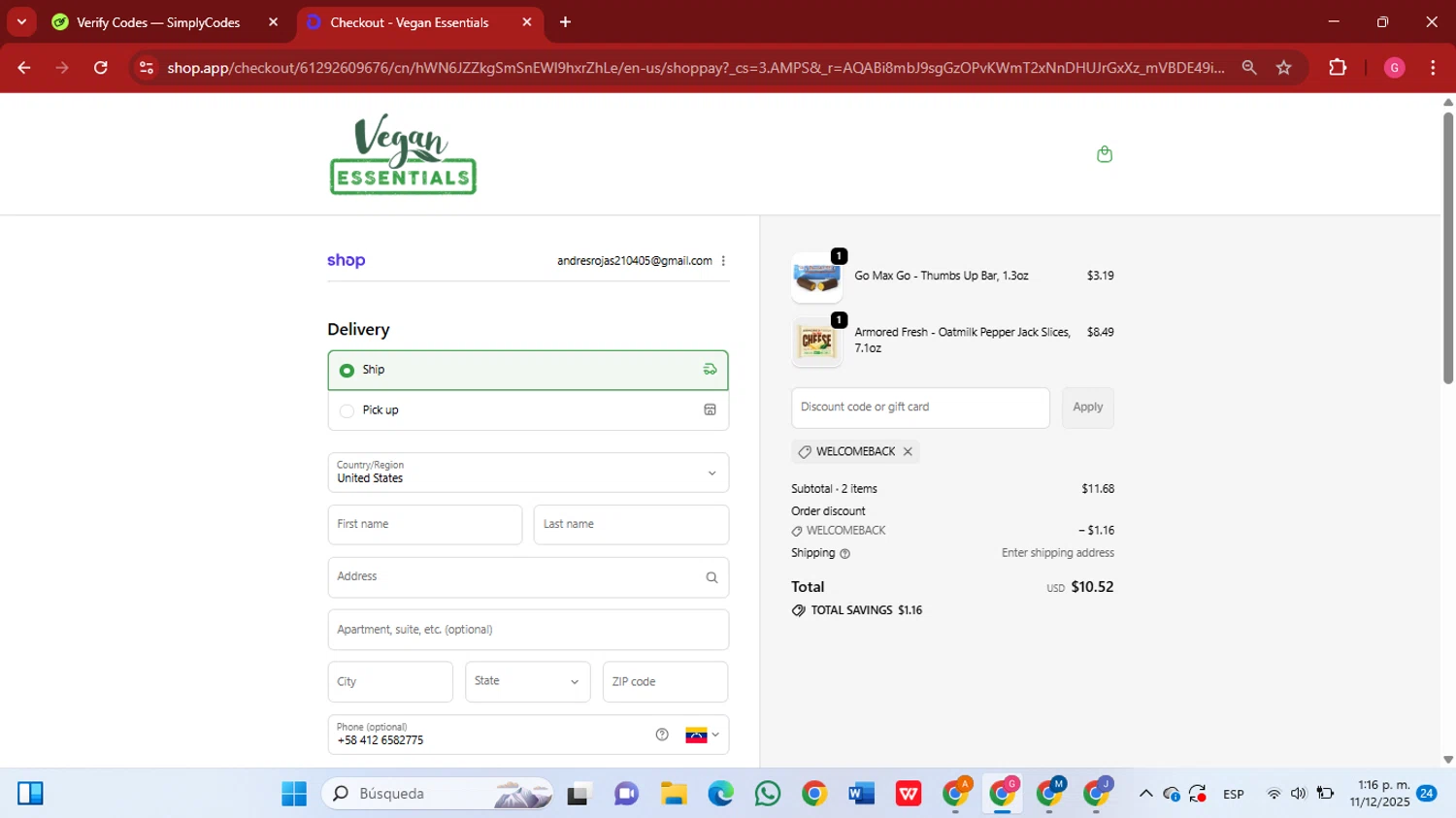 Vegan Essentials promo code screenshot showing code welcomeback applied at Vegan Essentials checkout page. Uploaded by SimplyCodes community member GGGilbert on Dec 11, 2025