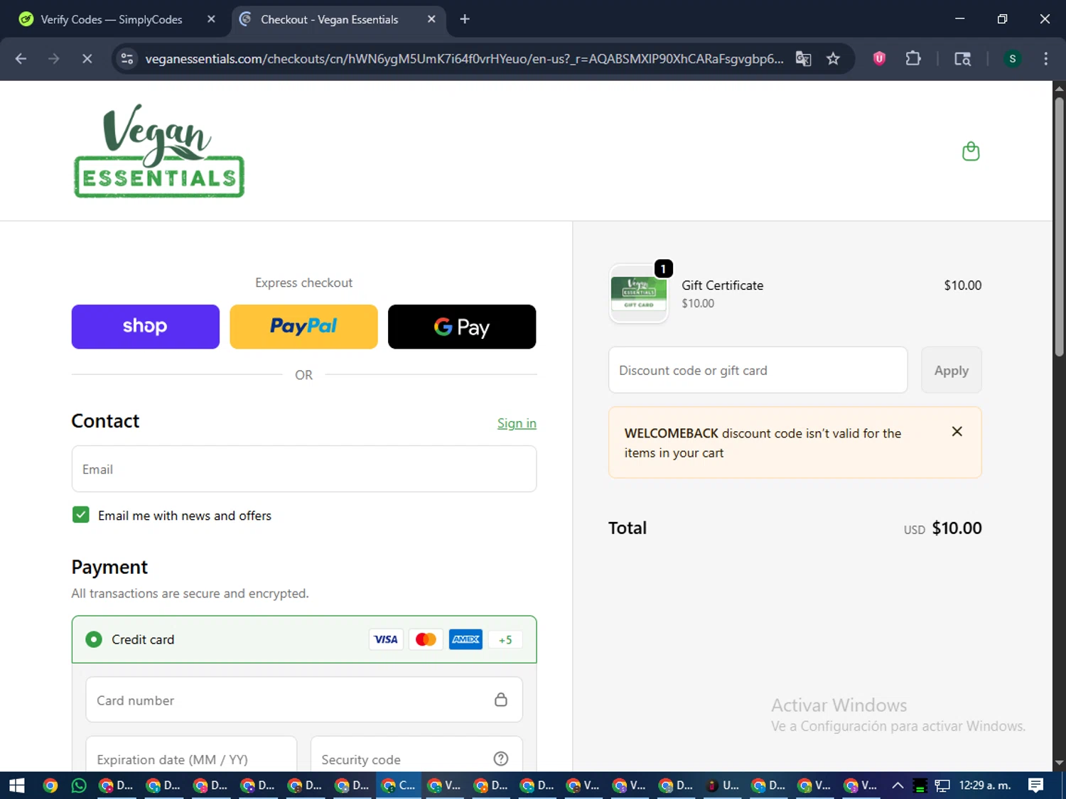 Vegan Essentials promo code screenshot showing code welcomeback applied at Vegan Essentials checkout page. Uploaded by SimplyCodes community member lilMosey on Dec 29, 2025
