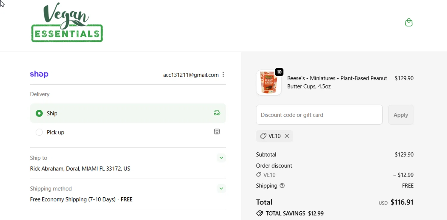 Vegan Essentials promo code screenshot showing code Ve10 applied at Vegan Essentials checkout page. Uploaded by SimplyCodes community member varusitochambeador3 on Oct 23, 2025