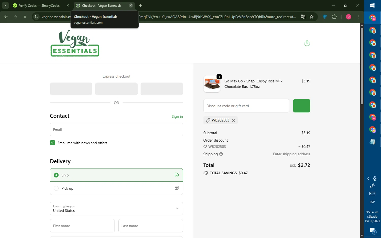 Vegan Essentials promo code screenshot showing code WB202503 applied at Vegan Essentials checkout page. Uploaded by SimplyCodes community member LegendaryRanger6350 on Nov 15, 2025