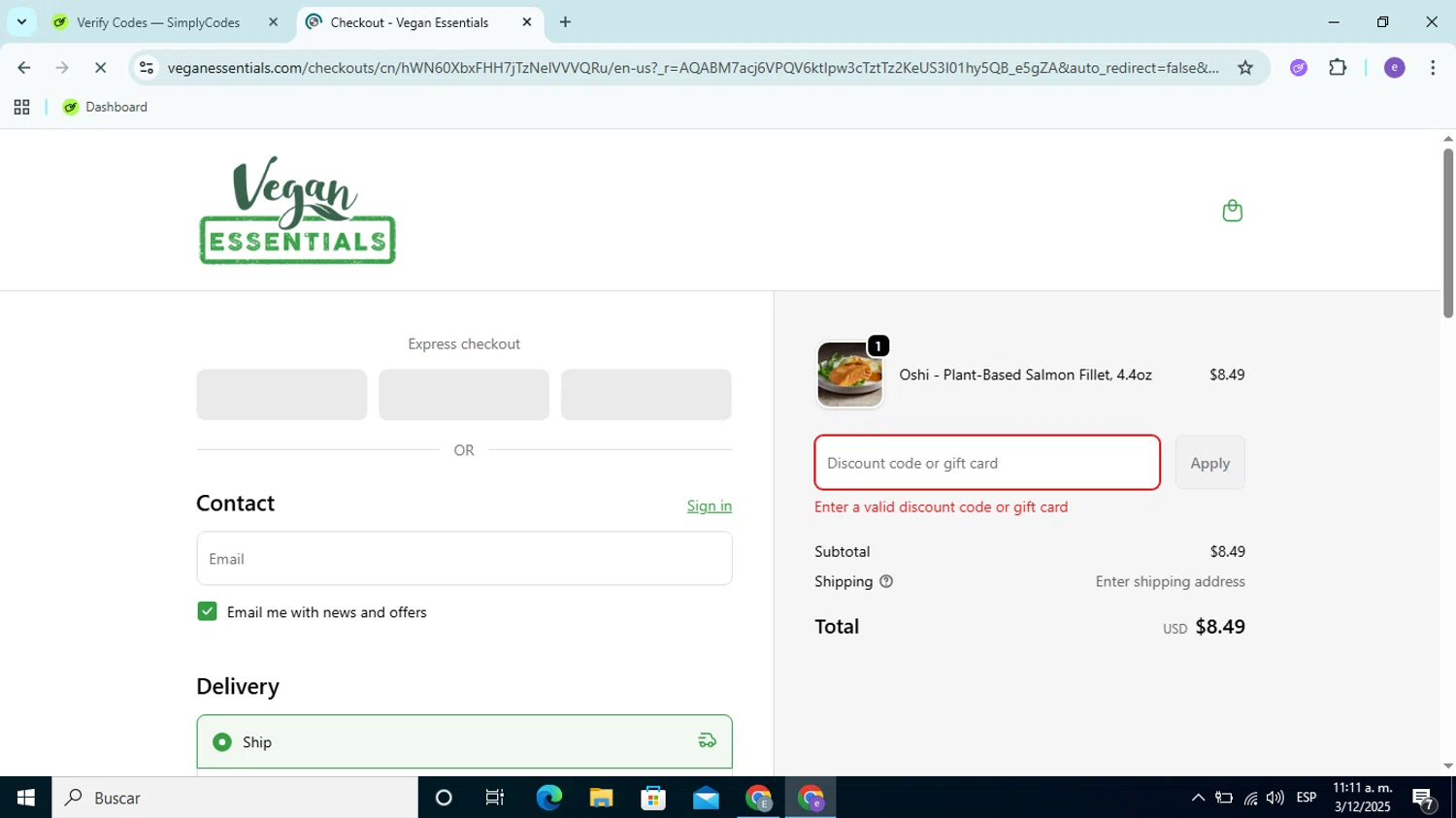 Vegan Essentials promo code screenshot showing code BFRIDAY25 applied at Vegan Essentials checkout page. Uploaded by SimplyCodes community member Esteban14 on Dec 3, 2025
