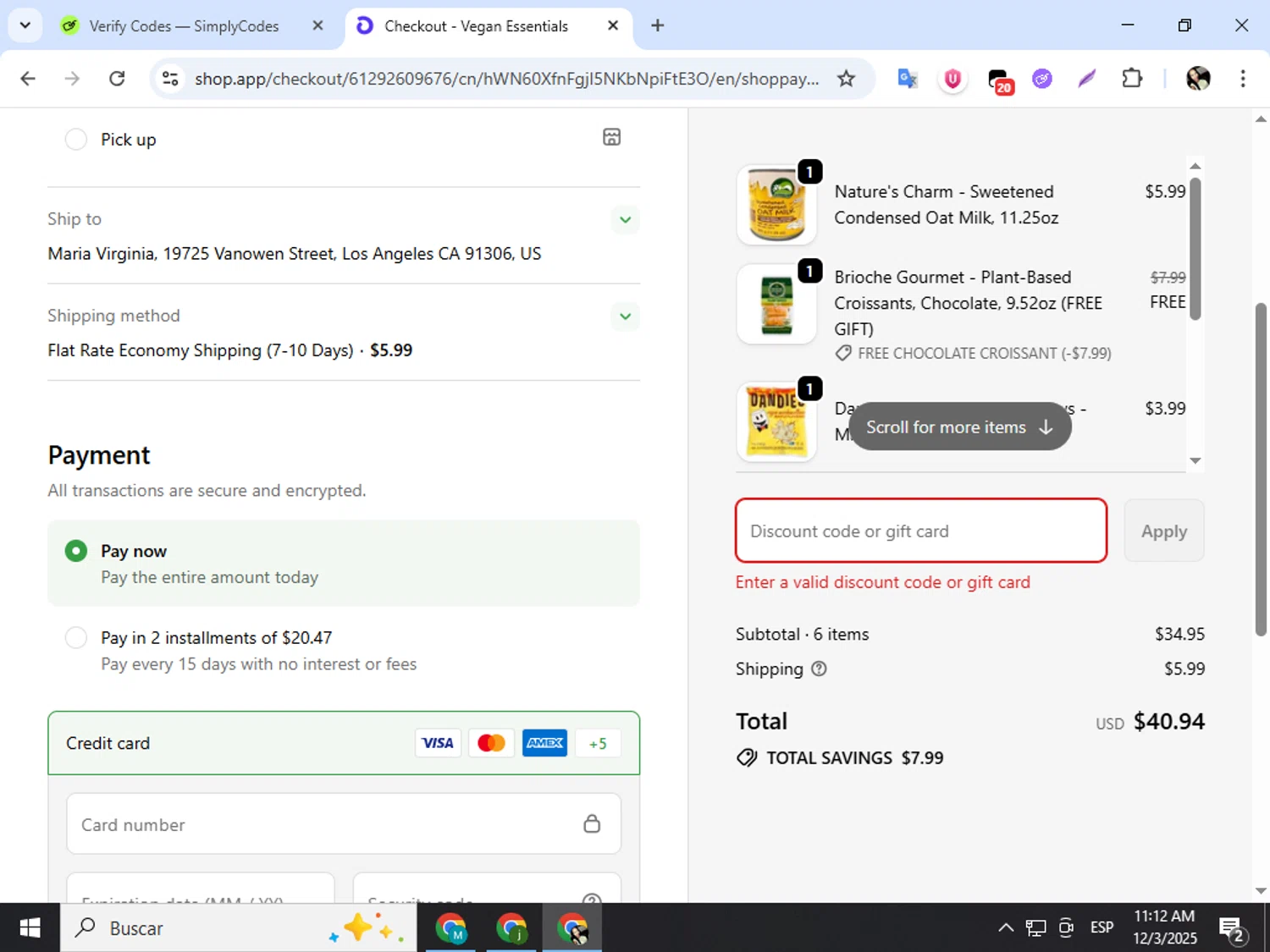 Vegan Essentials promo code screenshot showing code BFRIDAY25 applied at Vegan Essentials checkout page. Uploaded by SimplyCodes community member mariapolancog on Dec 3, 2025