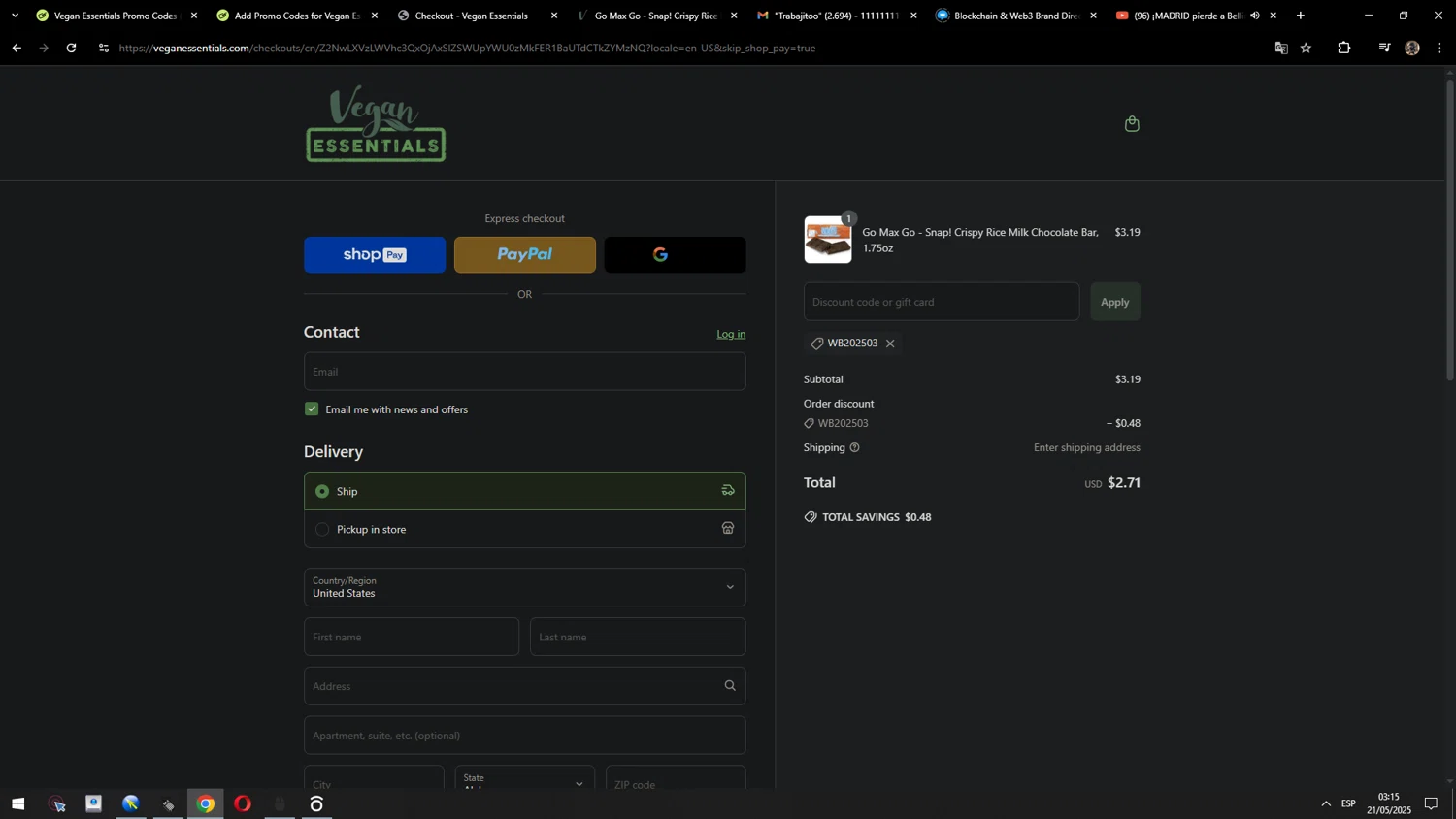 Vegan Essentials promo code screenshot showing code WB202503 applied at Vegan Essentials checkout page. Uploaded by SimplyCodes community member MarcosAranguren on May 21, 2025