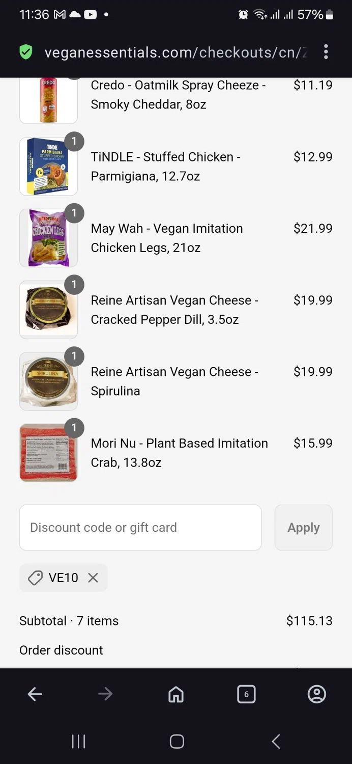 Vegan Essentials promo code screenshot showing code Ve10 applied at Vegan Essentials checkout page. Uploaded by SimplyCodes community member vida5254427716958 on May 7, 2025