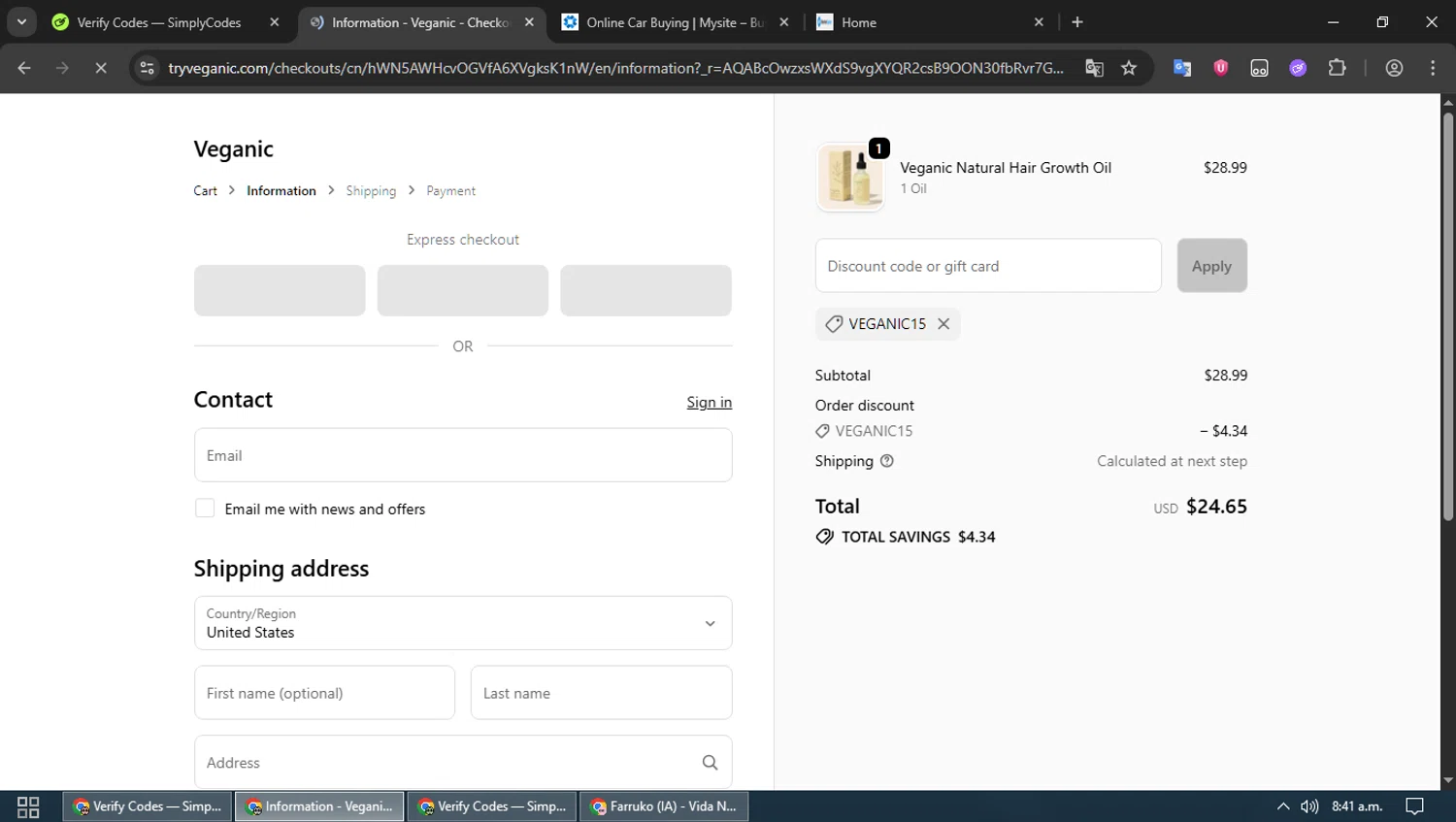 Veganic discount code screenshot showing code VEGANIC15 applied at Veganic checkout page. Uploaded by SimplyCodes community member MoneyPioneer4925 on Nov 11, 2025
