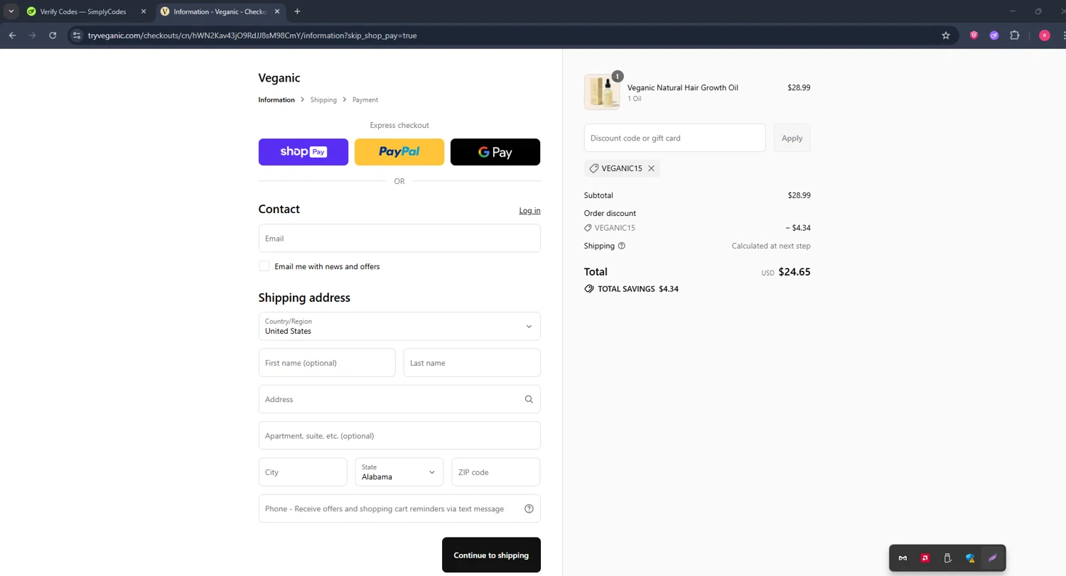 Veganic discount code screenshot showing code VEGANIC15 applied at Veganic checkout page. Uploaded by SimplyCodes community member TreasureWarden457 on Aug 28, 2025