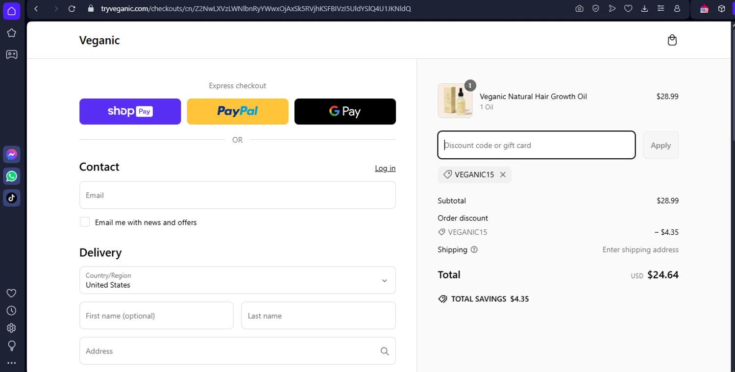 Veganic discount code screenshot showing code VEGANIC15 applied at Veganic checkout page. Uploaded by SimplyCodes community member TokenFinder6469 on Mar 7, 2025