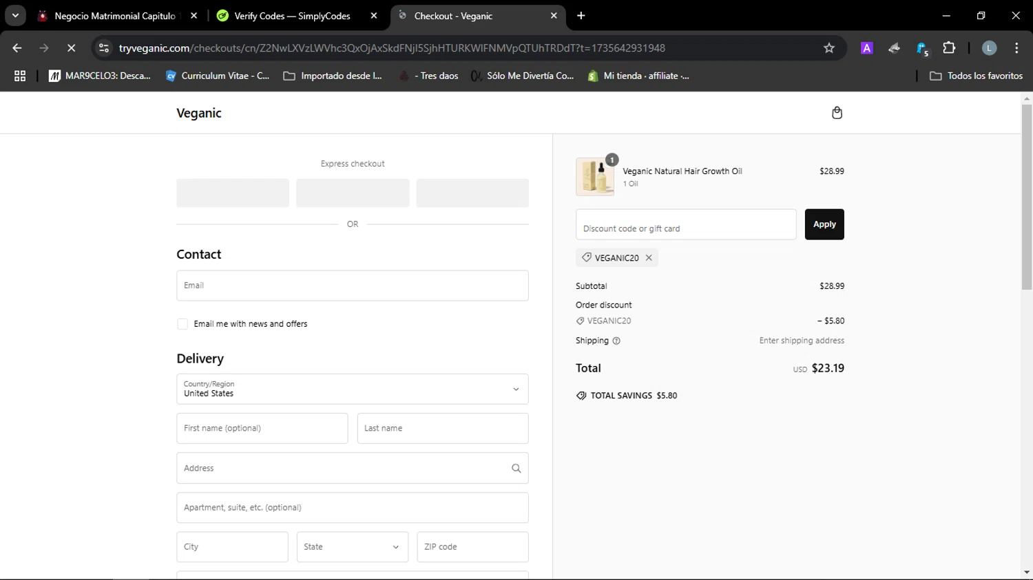 Veganic discount code screenshot showing code VEGANIC20 applied at Veganic checkout page. Uploaded by SimplyCodes community member JuanChi on Dec 31, 2024