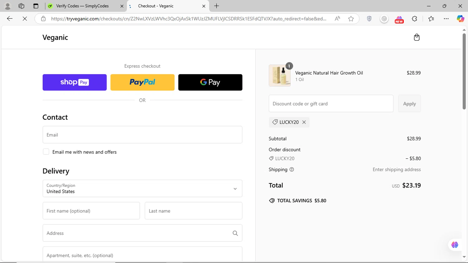 Veganic discount code screenshot showing code LUCKY20 applied at Veganic checkout page. Uploaded by SimplyCodes community member MagnificentVirtuoso8433 on Feb 24, 2025