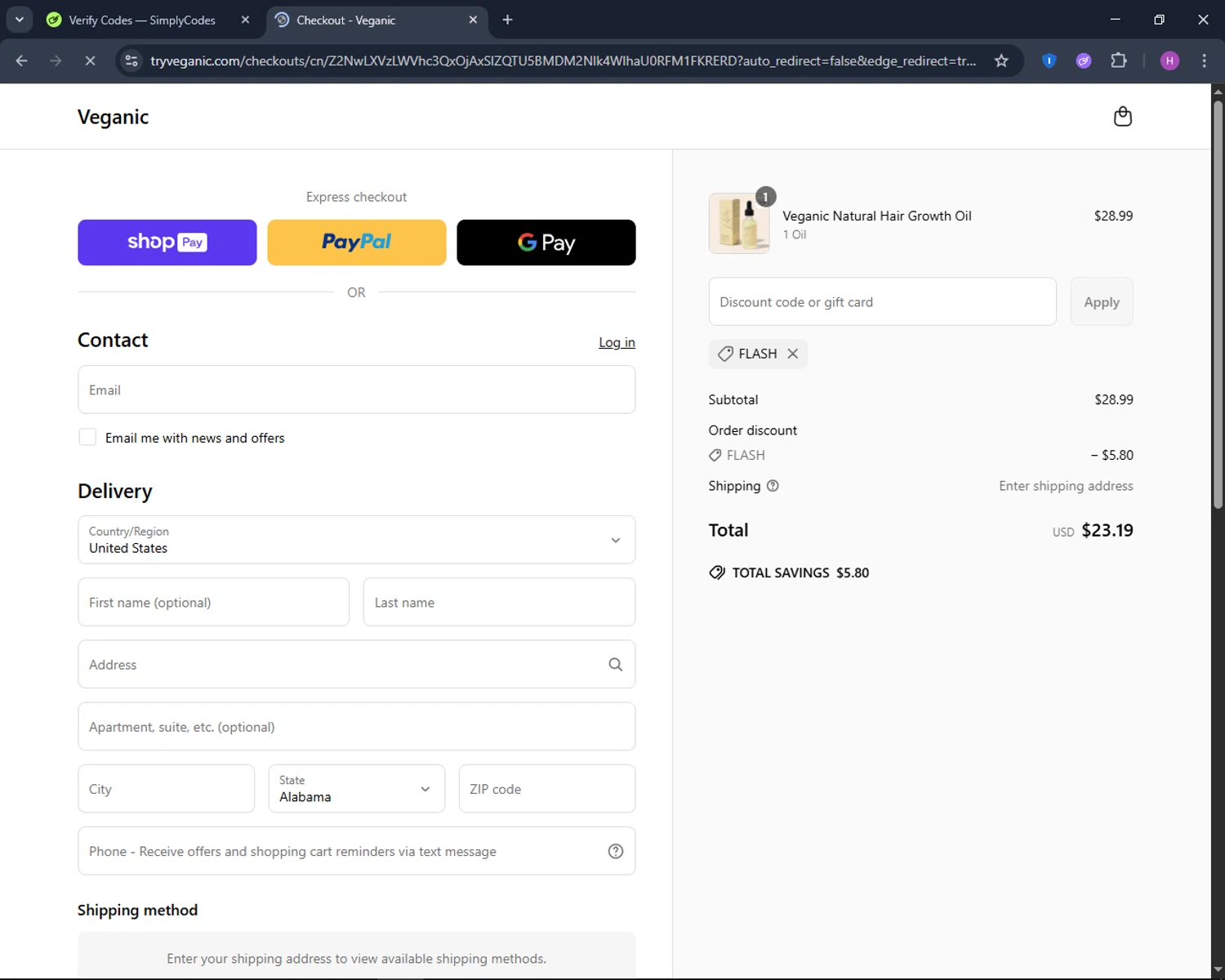 Veganic discount code screenshot showing code FLASH applied at Veganic checkout page. Uploaded by SimplyCodes community member TokenNavigator6891 on May 20, 2025