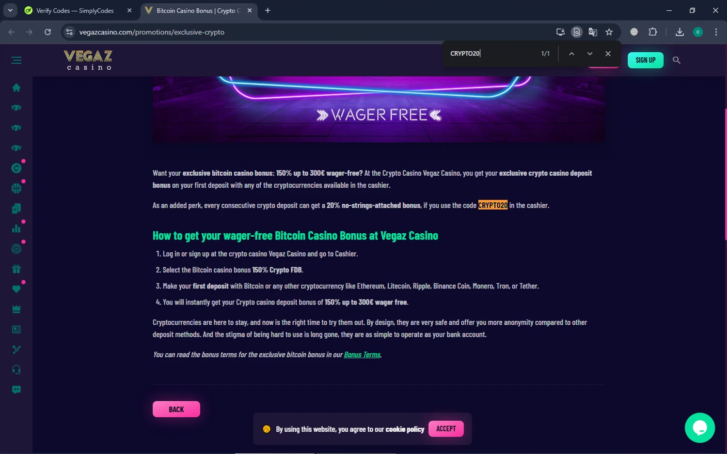 Vegaz Casino checkout page showing Vegaz Casino promo code box | Screenshot taken by SimplyCodes community member on Jul 27, 2024