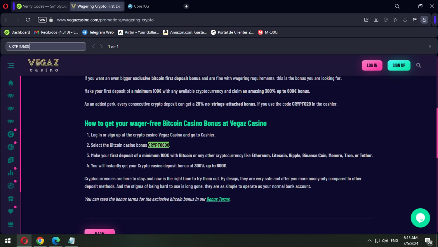 Vegaz Casino checkout page showing Vegaz Casino promo code box | Screenshot taken by SimplyCodes community member on Jul 5, 2024