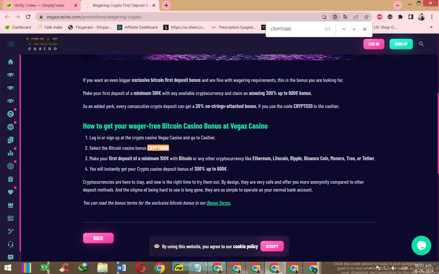 Vegaz Casino checkout page showing Vegaz Casino promo code box | Screenshot taken by SimplyCodes community member on Jun 6, 2024