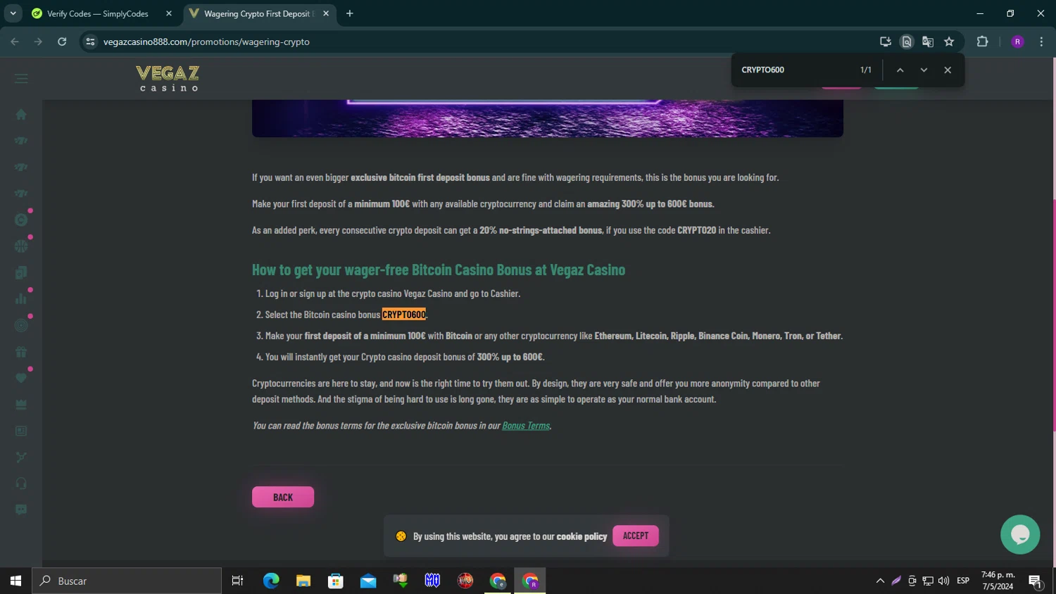 Vegaz Casino checkout page showing Vegaz Casino promo code box | Screenshot taken by SimplyCodes community member on May 7, 2024