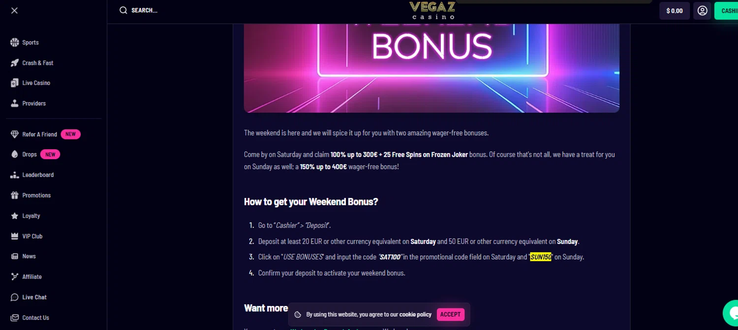 Vegaz Casino promo code screenshot showing code SUN150 applied at Vegaz Casino checkout page. Uploaded by SimplyCodes community member SimplyCVerlie on Nov 29, 2025