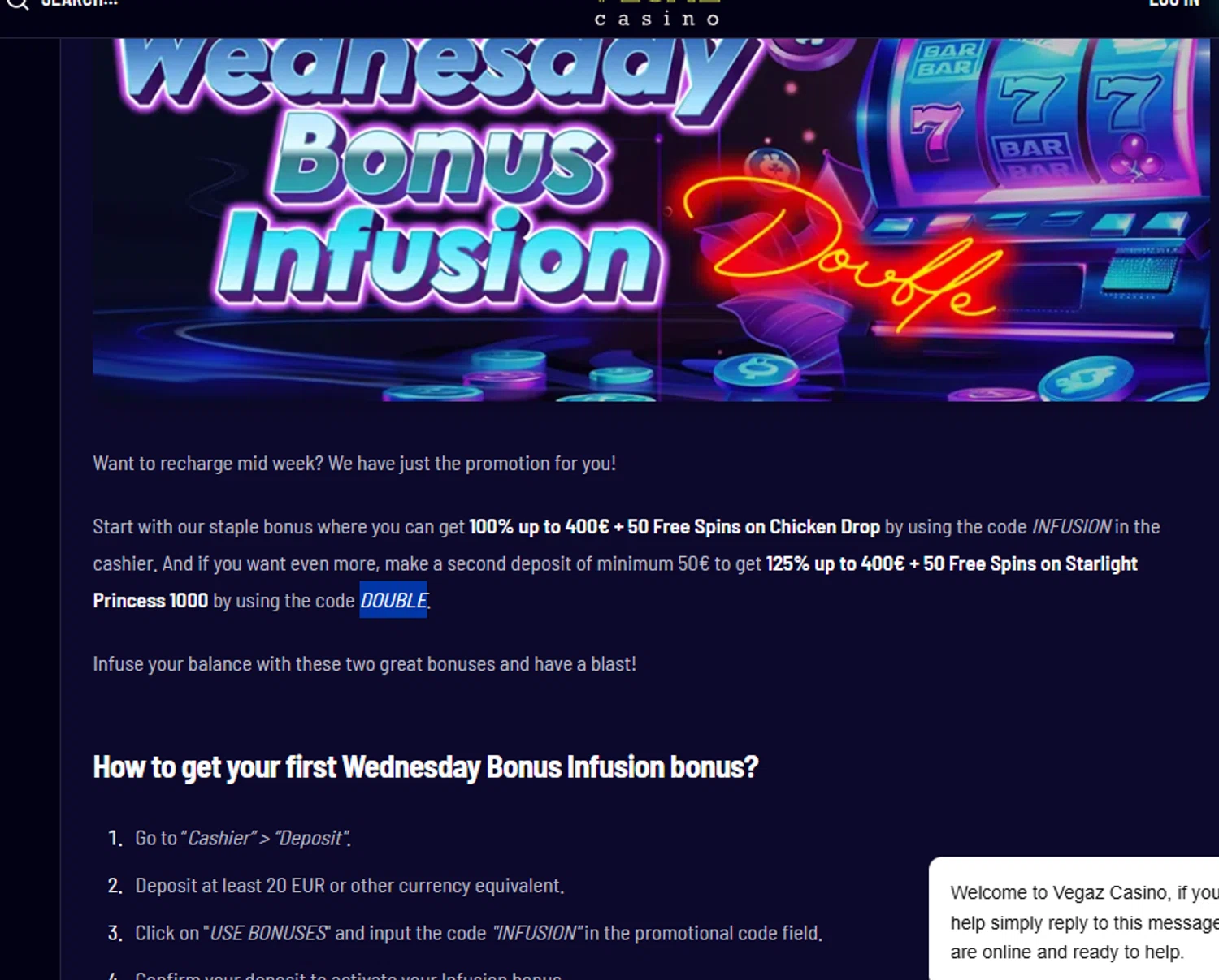 Vegaz Casino promo code screenshot showing code DOUBLE applied at Vegaz Casino checkout page. Uploaded by SimplyCodes community member Dejadepicharme on Aug 20, 2025