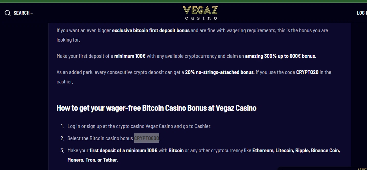 Vegaz Casino promo code screenshot showing code CRYPTO600 applied at Vegaz Casino checkout page. Uploaded by SimplyCodes community member Dejadepicharme on Oct 27, 2025