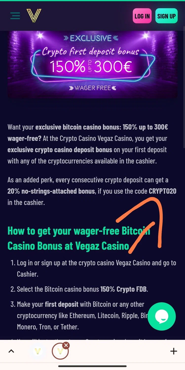Vegaz Casino promo code screenshot showing code CRYPTO20 applied at Vegaz Casino checkout page. Uploaded by SimplyCodes community member JehovaesDios on Oct 9, 2024