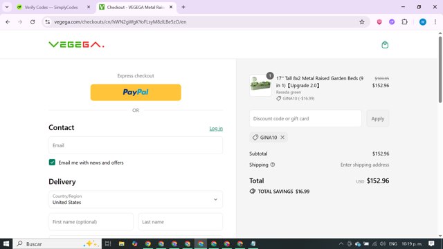 VEGEGA checkout page showing VEGEGA coupon code box | Screenshot taken by SimplyCodes community member on Sep 7, 2025
